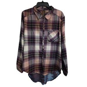 Aratta Silent Journey Plaid Velvet Burnout Floral Back Button Down Shirt XL